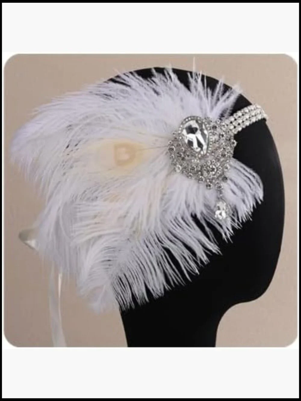 1920s Flapper White Feather Headband with Crystal Pendant Rhinestone Hair - Picture 1 of 7